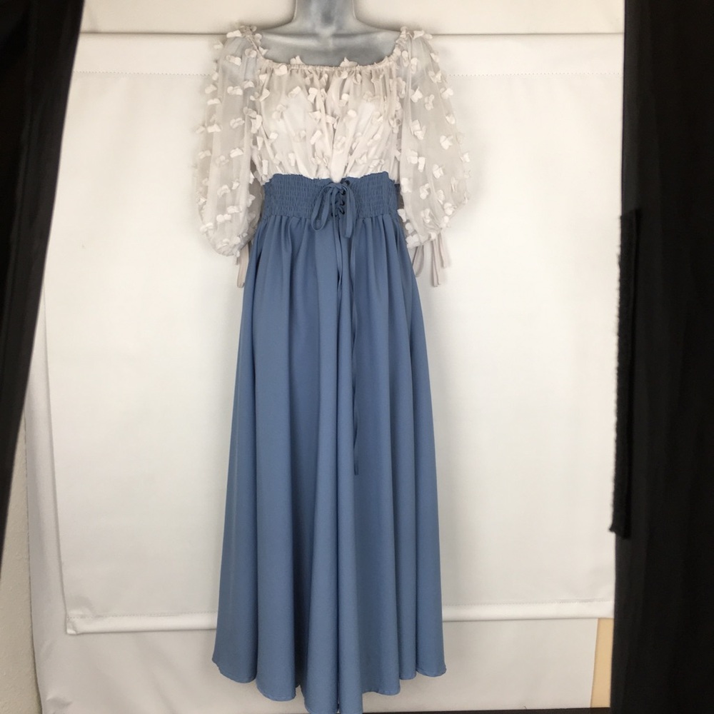 Women’s Milkmaid Sheer Puff-Sleeve Maxi Dress White Blue Cottagecore Size 1X